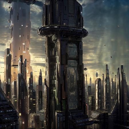 ((a cityscape view of a futuristic sci fi vertically layered city)), ominous, monolithic, towering, dystopian city, masterpiece, 4k resolution, (flawless architecture), atmospheric, nature taking over city, <lora:nomomassive:1>