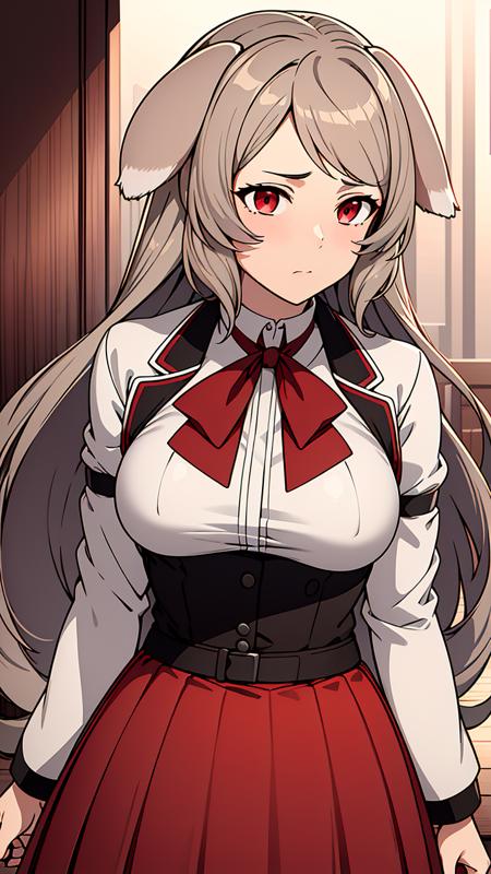 ((masterpiece, best quality, absurdres)), 1girl, a girl named pursena, blush, breasts, brown hair, white jacket, large breasts, long hair, looking at viewer, red pleated skirt, pursena, red bow, red eyes, dog ears, animal ears, tail, solo, swept bangs, very long hair, uniform, long sleeves, animal ears, <lora:pursena_v2:0.6>, upper body, looking at viewer,