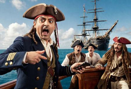 Johnny Depp dressed as Captain Jack Sparrow taking a selfie with 
Rowan Atkinson dressed as Mr Bean on the board of a sinking ship, in the background you can see the sailors yelling and screaming , realistic, complementary colors . octane render, highly detailed, volumetric, dramatic lighting