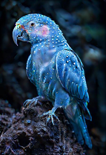 Ultrarealistic. parrot made of bioluminescent organisms
