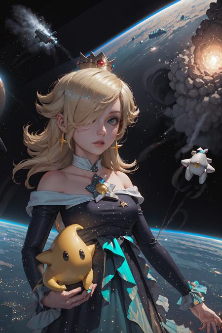 Highly detailed, High Quality, Masterpiece, beautiful, 1girl, IncrsRosalinaAurora, <lora:Rosalina:0.8>, galaxy, space, in space, spacecraft, floating,