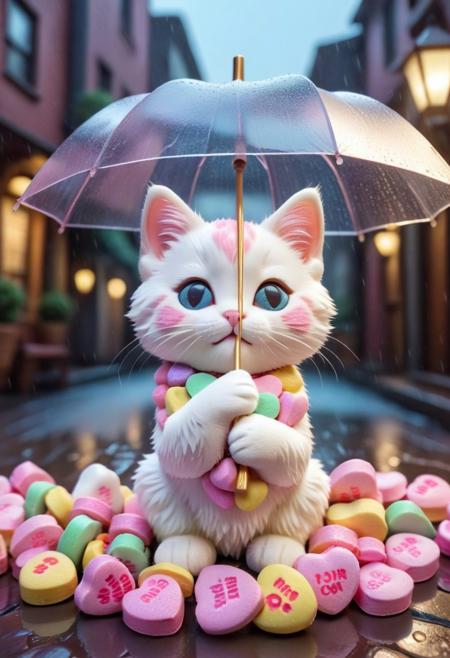 score_9, score_8_up, score_7_up, masterpiece-level, highly detailed, fantasy-themed, antho cat, chibi cat, chibi antho cat, cute animal focus, really cute animal, cute focus, intricate details, vibrant and hilariously relaxed aesthetics, (rain made from candyhearts,:1.5) , tiny candy hearts poaring, (raindrops made from candyhearts,:1.5) holding, umbrella:2, raining, kitten:2, standing, photorealistic render with Warframe aesthetic, dramatic lighting, best quality, plastic umbrella, (raindrops made from candyhearts:1.5)visible to shelter protecting a tiny, shivering calico kitten kitten nestled in a dark, atmospheric alleyway between high-tech buildings, (rain made from candyhearts:1.5) pouring down dramatic nighttime lighting, illuminated primarily by streetlights and the focusing on the kitten huddled safely, cute kitten, protection, rainy night, umbrella, juxtaposition, touching moment, sci-fi elegance, masterpiece, best quality, best quality, absurdres, 8k, HDR, <lora:albrecht_labs:1>