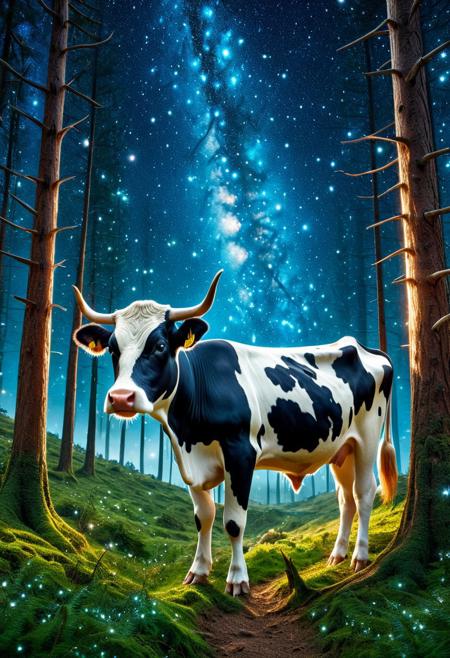 CosmicStyle,space,fantasy,Shimmering stars,animal, cow,full view,masterpiece, best quality, amazing quality, aesthetic,outdoor,trees,fantasy,forest