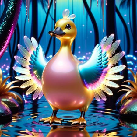 made of l1qu1dp34rl, metal, pearlescent, *pick a color,A Psyduck made of liquid pearl, Pokémon (creature), iridescent opalescent texture, no humans, solo, enchanted pearl-glow forest background, standing, full body, hands on own head, animal focus, duck-bird hybrid with pearlescent sheen, glossy black eyes, shimmering pastel-yellow body, luminous pearl feathers, looking at viewer, closed mouth, arms raised. Elegance of pearls fused with liquid grace, capturing dynamic light interplay—soft pinks, blues, and golds shifting like molten opal. Dazzling, dripping with opalescent allure, surreal luminescence, and polished gem-like reflections. Ethereal, dreamy, and hyper-detailed.