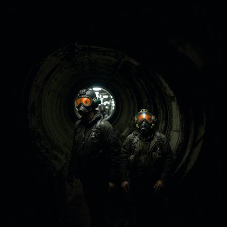 (dirty and weary man, crowd, stalker, orange pilot suite, mask, rifle:1.2),  (walks inside tiny tunnel narrowing forward, green, black,  cables, pipes, burned, radioactive) (symmetrical, claustrophobic, emphasizing the enclosed space,  individual's struggle:1.2) (high quality, highly detailed, intense focus, Nikon D810, lens: 15mm fisheye f/2.8:1.1),  <lora:LowRA:0.5> <lora:ARWSlumInterior:0.7> <lora:people_count_slider_v1:3>