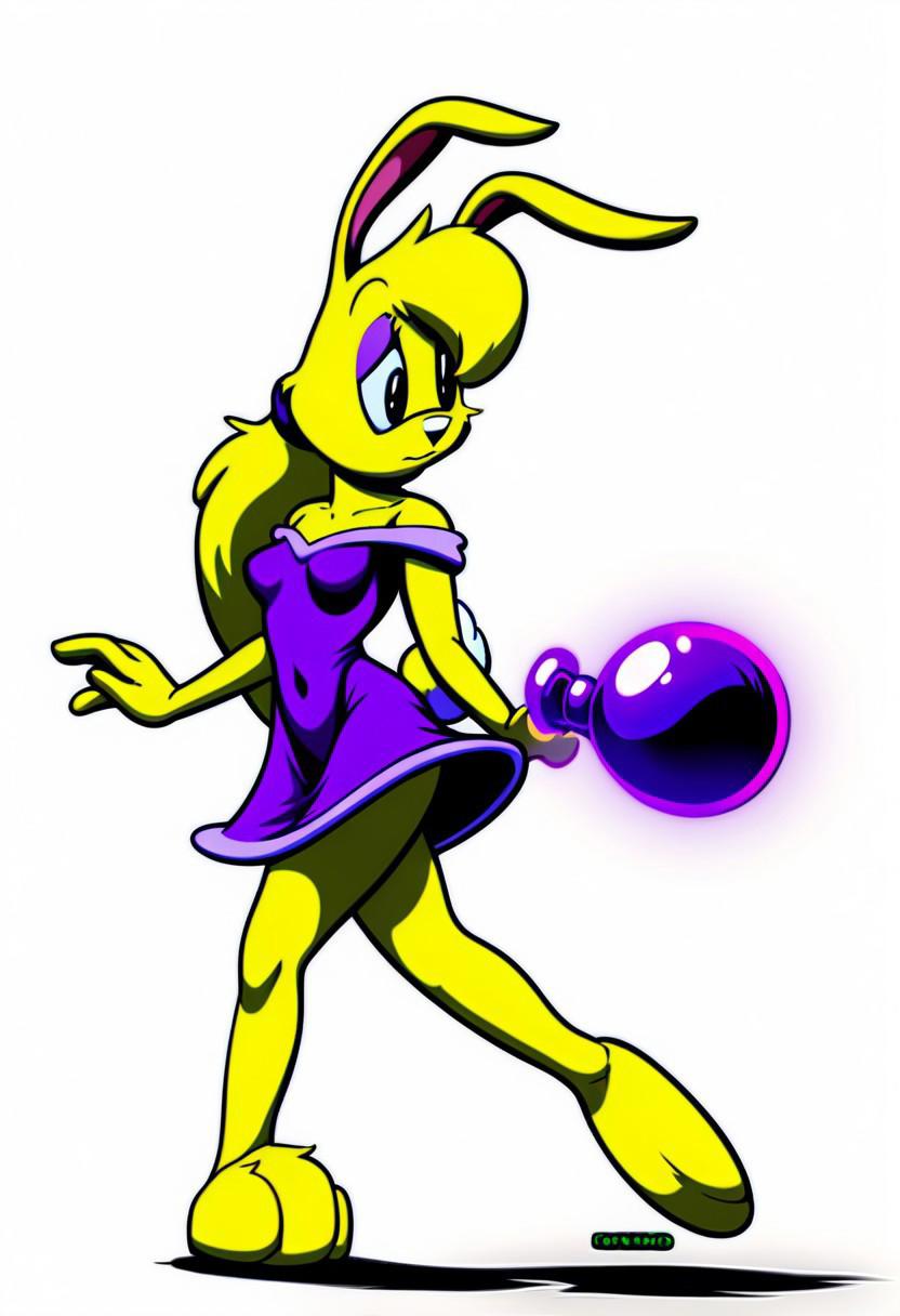 score_9, score_8_up, score_7_up, score_6_up, score_5_up, score_4_up, retro artstyle, BREAK 
LoriJackRabbitPXL, rabbit girl,long yellow hair,yellow skin,1girl, furry female, furry, solo, dress, purple dress,rabbit tail, makeup, animal ears, full body, bare shoulders, eyeshadow, purple eyeshadow, looking to the side,black eyes, simple background, standing, breasts, off shoulder, off-shoulder dress,rabbit ears, small breasts,rabbit tail, animal nose, white background, transparent background, walking,yellow fur, body fur, covered navel, closed mouth
<lora:lorijackrabbit-v1:0.9>