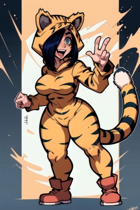 1girl, solo, breasts, smile, open mouth, black hair, holding, animal ears, blue hair, tail, full body, hood, hair over one eye, cosplay,animal print, @_@, blood on face, animal costume, tiger print, crazy eyes, <lora:stephanie:0.6> full body, standing pose, thicc