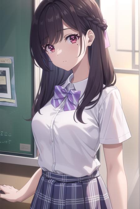 mariakurose, <lora:maria kurose s1-lora-nochekaiser:0.8>,
maria kurose, long hair, black hair, (red eyes:1.3), mole, mole under eye,
BREAK skirt, shirt, bow, school uniform, white shirt, short sleeves, pleated skirt, bowtie, plaid, plaid skirt, purple bow,
BREAK indoors, classroom,
BREAK looking at viewer, (cowboy shot:1.5),
BREAK <lyco:GoodHands-beta2:1>, (masterpiece:1.2), best quality, high resolution, unity 8k wallpaper, (illustration:0.8), (beautiful detailed eyes:1.6), extremely detailed face, perfect lighting, extremely detailed CG, (perfect hands, perfect anatomy),