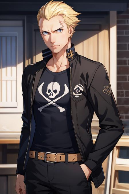 masterpiece, best quality, 1boy, solo, cowboy shot
<lora:zs_Kanji:1> kanjip4, kanjidef, scar, piercing, blonde hair, hair slicked back, jacket, black t-shirt, skull and crossbones, pants