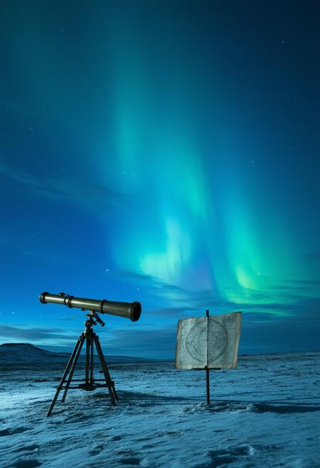 A colossal, antique telescope, pointed towards a swirling aurora borealis in a desolate, snow-covered landscape. Moonlight casts long shadows across the snow, creating a dramatic interplay of light and dark. A single, antique star chart lies partially buried in the snow nearby. Style of Ansel Adams meets H.R. Giger, blending naturalistic photography with biomorphic surrealism. Predominantly deep blues and whites, with accents of emerald green from the aurora. Hyperrealistic texture, volumetric lighting, cinematic composition, sense of cosmic wonder and isolation.