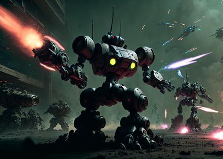 cinematic still frame of a rotatototist robot mech warrior firing its cannon in the werflunker invasion, dark sci-fi, futuristic battlefield background