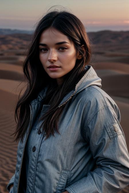 perfect cinematic shoot of a beautiful woman (EP4n3l14M00r:.99), a woman standing in a (modest desert), perfect hair, wearing sexy (Chambray Blue Oversized quilted jacket:1.2), (people in background:1.1), (detailed background:1.1), (face focus), modelshoot style, (extremely detailed CG unity 8k wallpaper), professional majestic (photography by Ragnar Axelsson:1.1), 24mm, exposure blend, hdr, extremely intricate, High (Detail:1.1), dramatic, soft cinematic light, (looking at viewer), (detailed atmosphere), 8k, highly detailed, rich environment, 4k textures, soft cinematic light, elegant, ((((cinematic look)))), soothing tones, insane details, hyperdetailed, ("Dreams into reality with SDKoh!":1.1), (epiCPhoto)