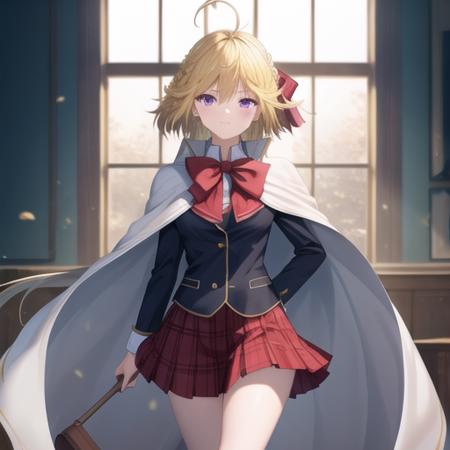 (masterpiece, best quality:1.2),illustration,8k,hd,1girl,solo,cowboy shot,blonde hair,braid,school uniform,ahoge,loafers,plaid skirt,purple eyes,pleated skirt,black socks,red skirt,very long hair,white cape,bowtie,long sleeves,miniskirt,bow,<lora:Yamana mira>,