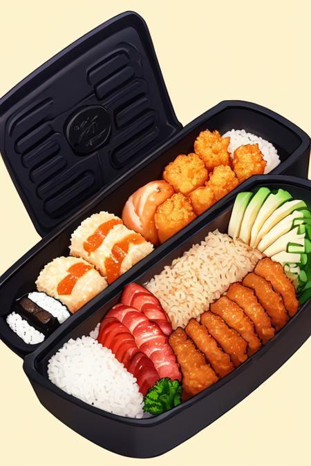 <lora:KaguyaV2:0.75>
((best quality)), ((masterpiece)), (detailed), ultra detailed,
no_humans, food_focus, food, rice, shrimp, yellow_background, fish, bento, still_life, tempura, omelet, sushi, vegetable, meat