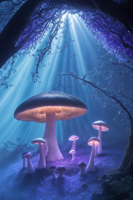 misty enchanted forest, glowing mushrooms scattered on the forest floor, ancient trees with twisting branches, soft blue and purple lighting, gentle fog rays through trees, fantasy magical vibe, high detail forest floor