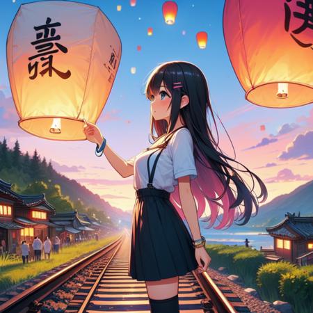 colorful sky lantern with chinese word hands close to fire railway bridge raise head arms up suspender skirt tourists twilight river mount greenery low house