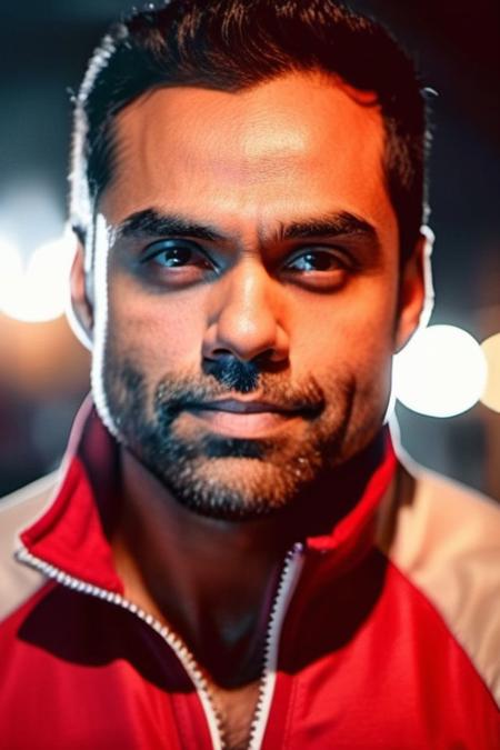 sacha dhawan a man <lora:Abhay-Deol_Sacha-Dhawan:1>, realistic photo in a worn ((red tracksuit, massive hairy pecs)), ((light bokeh)), intricate, (steel metal [rust]), elegant, sharp focus, photo by greg rutkowski, soft lighting, vibrant colors, (masterpiece), ((streets)), (detailed face), looking at viewer, light smile, night, walking towards viewer, cinematic lighting, beautiful lighting, cinematic lighting, (hazy filter, film grain:1.2)