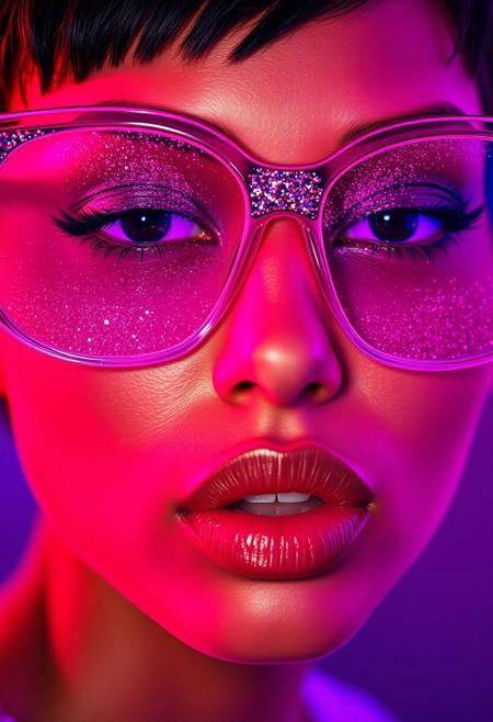 Neon-lit close-up, A hyper-realistic close-up of a beauty supermodel sexy honey brown woman face, big lips, stylish pixie cut bathed in neon pink and purple light with glittering particles on her skin, neon sunglasses with glitter textures patterns, fashion magazine style, beautiful background, Use soft colors and a shallow depth of field