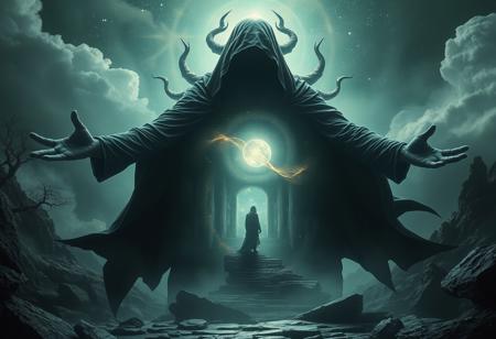 A universe inside a dark cloaked figure within mysterious landscape in an unfathomable realm of fantastic creation inhabited by ancient shadows of a forgotten time beyond the gate of the gateless gate where life is limitless, light is shadow and shadow is light, eerie sense, horror, spark of the beginning, existence and nonexistence at once, ethereal, outstretched arms, behold the end of the beginning, inglorious glory to the dark one, betrayal of the ancient order, beware the 7headed beast, destroyer of the old ways, bearer of the unbearable, nightmarish, archaic runes, tree aging backwards, breath of the gods, ruins of a place unimagined, extreme intricate detail, photorealistic, beyond epic scene, fate discarded, unseeable face of god, the end is the beginning, the beginning is the end, man arises as god dies, as above so below, as below so above, emerald tablet, thoth, guardian and saboteur of existence, hopeless hope, ghosts of the unborn, conception of the inconceivable, cosmic well of imperceptible perception, evil aura, infinite emptiness, pillars of void, overwhelming subtlety, abstract sacred geometry, beams of readiness without intention, gift of doom, despair of the ages, hidden secret warnings from dead gods, carved by the conductor of unholy loneliness of time incarnate, consumed by the night itself, beautiful tragedy of hellish discovery, release