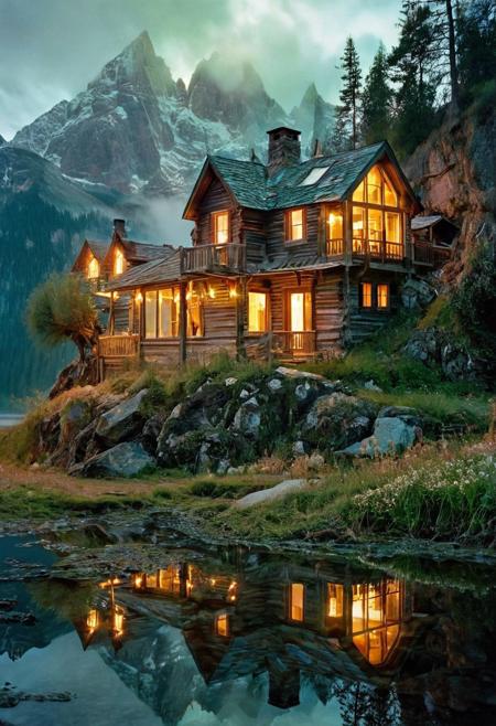 (by Ellen Jewett:1.5), (Bioluminescent Impressionism, The Dreamland), their peaks veiled in mist. mixed media, surrealism, great lighting, A surreal landscape highly detailed . extremely high-resolution details,  appears trapped in an optical illusion of reflections and refractions colorful , mountain cabin, professional photography, natural lighting, volumetric lighting maximalist. intricately detailed, complex, elegant, expansive, fantastical, film photography style,  medium grain,  <lora:MJ52:0.3>  <lora:SDXLFaeTastic2400:0.4>  <lora:EpicF4nta5yXL:0.7>.ethereal landscapes, depth of field, biotech emotion:1.3) <lora:xl_more_art-full_v1:0.5> <lora:add-detail-xl:1> <lora:RMSDXL_Creative:2>