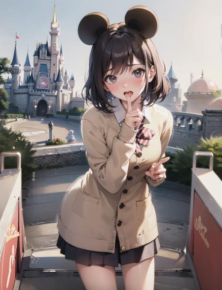 masterpiece, best quality,
1young girl standing,small breast,looking at viewer,surprised, (open mouth:0.5),(nose blush,sweat),peace sign,
<lora:jk fashion_v2:0.8>,jk fashion, cardigan,
day,in a disney land,Castle,mickey mouse,Rides, Parades,Fantasyland, Adventureland, Costumes, Souvenirs,