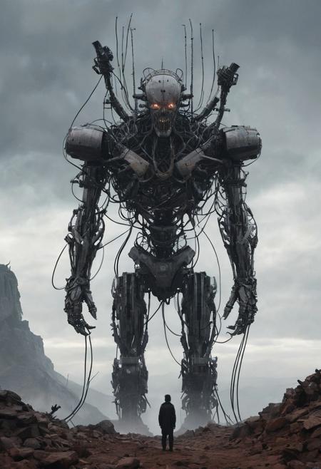 In this haunting anime-inspired illustration, a colossal mechanical entity stands atop a rugged hillside, its rusted gaze fixed on the cloudy horizon. The behemoth's multiple limbs stretch outwards, tangled in a mesh of wires and cables. Amidst the rocky terrain, a group of dark-clad figures gathers at the robot's base, their faces lit only by the faint glow of curiosity. A lone figure in white robes and another in black coat stand out among the crowd, their eyes fixed on the mechanical monolith as it rises towards the sky.