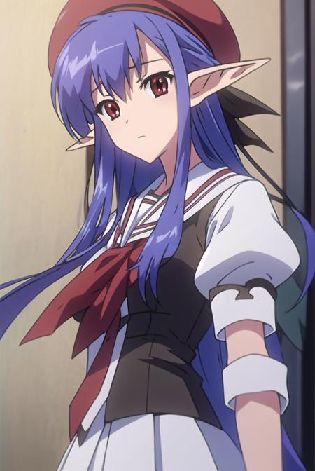 shufflenerine, <lora:nerinetest:1>,
nerine, long hair, blue hair, pointy ears, (red eyes:1.5),
BREAK skirt, hat, school uniform, short sleeves, socks, puffy sleeves, puffy short sleeves, beret,
BREAK looking at viewer,
BREAK indoors, classroom, 
BREAK <lora:GoodHands-vanilla:1>, (masterpiece:1.2), best quality, high resolution, unity 8k wallpaper, (illustration:0.8), (beautiful detailed eyes:1.6), extremely detailed face, perfect lighting, extremely detailed CG, (perfect hands, perfect anatomy),