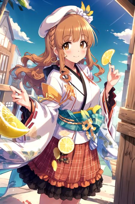 <lora:Moroboshi-08:0.8>,nyowa, looking at viewer, blush, smile, skirt, long sleeves, hat, ribbon, jewelry, closed mouth, braid, flower, earrings, outdoors, frills, food, japanese clothes, sky, day, cloud, wide sleeves, blunt bangs, kimono, bag, orange hair, tree, blue sky, plaid, sash, dutch angle, fruit, beret, white headwear, obi, bug, frilled sleeves, building, butterfly, handbag, orange (fruit), lemon, pancake, lemon slice, orange slice, food-themed earrings