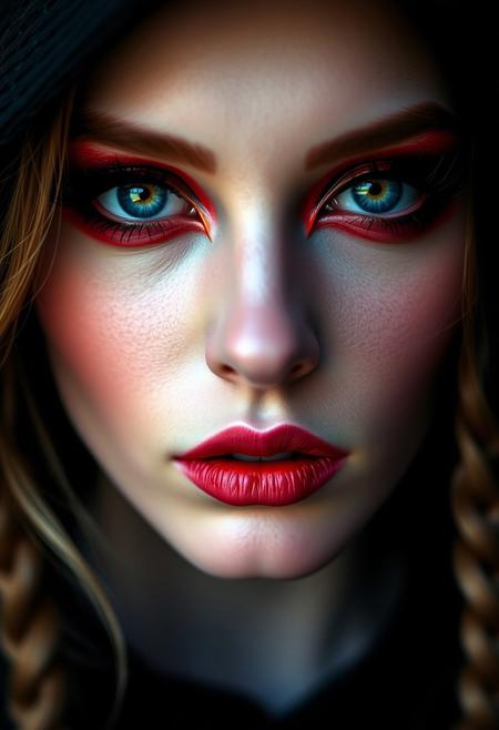 masterpieces, close-portrait, female, beautiful face, big eyes, makeup, pale skin, blonde hair, braided hairstyle, mysterious, red  make-up, glossy blue eyes,best quality,masterpiece