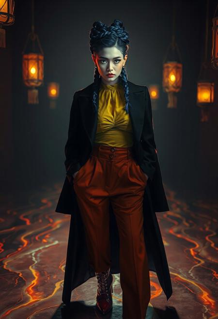 A hyper-realistic, cinematic fashion editorial featuring a woman with alabaster skin and cobalt blue hair styled into intricate braids that form a crown-like design around her head. She wears a long, avant-garde matte black coat with exaggerated, flowing tails and a high Mandarin collar, creating a dramatic silhouette. Beneath the coat, a chartreuse top with a ruched high neck contrasts with high-waist burnt orange trousers that flare dramatically at the hips. Her glossy red high-heeled boots click against a surreal floor resembling molten glass, with glowing orange and yellow streaks frozen mid-flow. The lighting is intense, with sharp shadows falling on the left half of her face, highlighting her green-blue eyes, which are illuminated by lanterns. The shadows create a dynamic pattern that accentuates her facial features, while the warm color grading and ambient occlusion enhance the depth and realism of the scene. The background is dark and out of focus, isolating the subject and amplifying the mysterious, powerful mood. The textures of her skin, hair, and clothing are rendered with ultra-sharp focus, emphasizing the photorealistic quality of the image. This portrait captures a blend of elegance, surrealism, and raw intensity, with every detail meticulously crafted to evoke a sense of intrigue and allure.