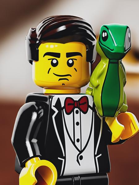 LEGO MiniFig, a man with sideburns and brown hair in a tuxedo, with a lizard (((on his shoulder))), at a banquet <lora:lego_v2.0:0.8>
