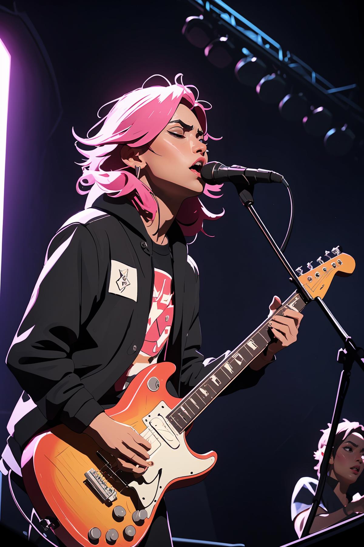 A pink-haired woman singing into a microphone while playing a guitar.