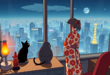 Jiji, the cat from Kiki's Delivery Service sits on a cluttered metal riveted desk next to a maneki neko statue and a lava lamp, Jiji is looking out of a floor to ceiling window that looks out at a very high view from an apartment on the 400th floor of a futuristic Tokyo skyscraper, the year is 2250, The city has thousands of enormous wide and tall futuristic skyscrapers and space ships in the sky, (((Kiki from Kiki's Delivery Service, 24 years old, is standing next to the cat looking out at the enormous city at night, filled with buildings over a mile tall))), Kiki is dressed in an ornate Japanese style bath robe. An enormous starship is visible high above the city, The woman's hair is messy from just waking up and tied up with a ribbon. Artistic cyberpunk, dynamic perspective, The focus is on Jiji and Kiki standing together looking out the window at the view together,