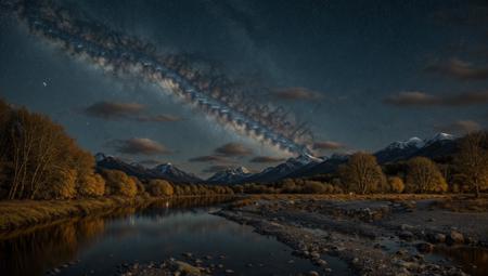 ((masterpiece:1.4,best quality)), cloud, outdoors, night, stars, moon
(mountains), spring glade, scenery, sky, winter, village, tree, river,
 high detail, abundant, 8k, high detail, wallpaper,