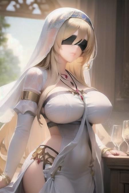 maiden_a_v2, blonde hair, long hair, large breasts,  Sword Maiden's White Dress, detached sleeves, habit, jewelry, black blindfold, necklace, 