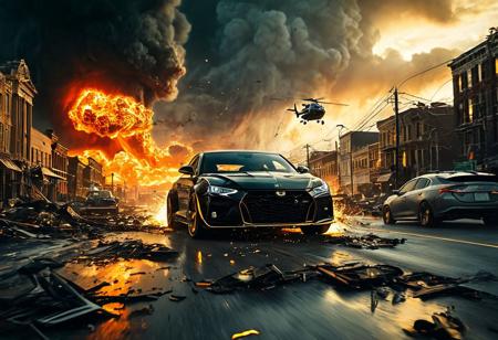 Create a dramatic scene featuring a sleek, black sports car with glowing golden rims speeding down a road. The car is surrounded by fiery explosions and debris, adding a sense of intense action and chaos. In the background, a city skyline is visible under a turbulent sky, with a helicopter flying amidst the destruction. A large tornado spirals upwards on the left side of the image, contributing to the overall sense of catastrophe. The lighting is dramatic, with the setting sun casting an eerie glow over the entire scene, enhancing the atmosphere of urgency and danger.