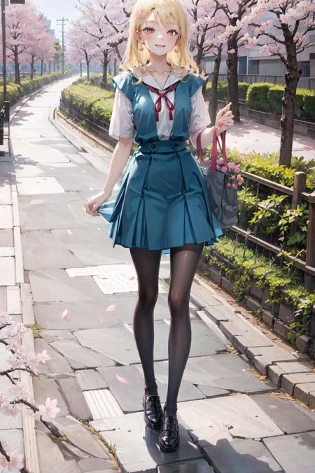 1girl, full body, blonde hair, solo, long hair, red eyes, bangs, smile, tokyo-3 middle school uniform, pantyhose, spring, cherry blossoms, ultra detailed, game cg <lora:tokyo-3_middle_school_uniform_v102-000008:1>