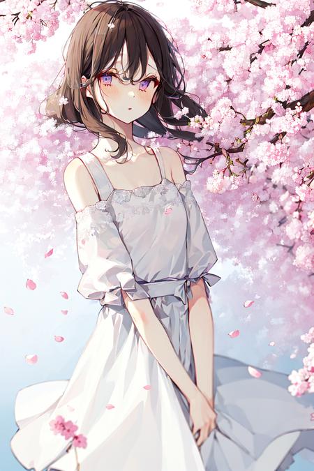 1girl, bangs, bare_shoulders, blue_sky, blurry, blush, branch, breasts, brown_hair, cherry_blossoms, closed_mouth, collarbone, dango, day, dress, eyebrows_visible_through_hair, falling_petals, floating_hair, flower, graduation, hair_between_eyes, hanami, hand_up, holding, holding_flower, leaves_in_wind, long_hair, long_sleeves, looking_at_viewer, medium_breasts, off_shoulder, outdoors, parted_lips, petals, petals_on_liquid, pink_flower, pink_theme, plum_blossoms, purple_eyes, rose_petals, sakura_miku, sanshoku_dango, shirt, sidelocks, sleeveless, small_breasts, solo, spring_\(season\), tree, tube, upper_body, white_dress, wind, wind_lift, wisteria <lora:style_Akakura:1>