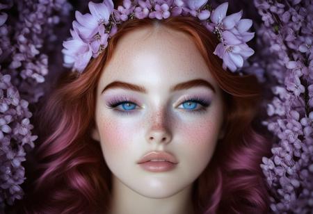 This is a highly detailed, high-definition photograph featuring a young woman with an ethereal, dreamy quality. She has striking, striking blue eyes with long, dark lashes and is adorned with a radiant, sun-kissed complexion covered in tiny, glittering specks, and lilac flowers, giving a magical, fairy-like appearance. Her hair is a vibrant, pastel pink color, styled in loose waves and adorned with a crown of fresh, blooming purple flowers, primarily lilacs, adding to her whimsical, otherworldly look.rockabilly style, 1girl, solo, realistic, pink hair, flower, looking at viewer, freckles, portrait, blue eyes, lips, 1950's