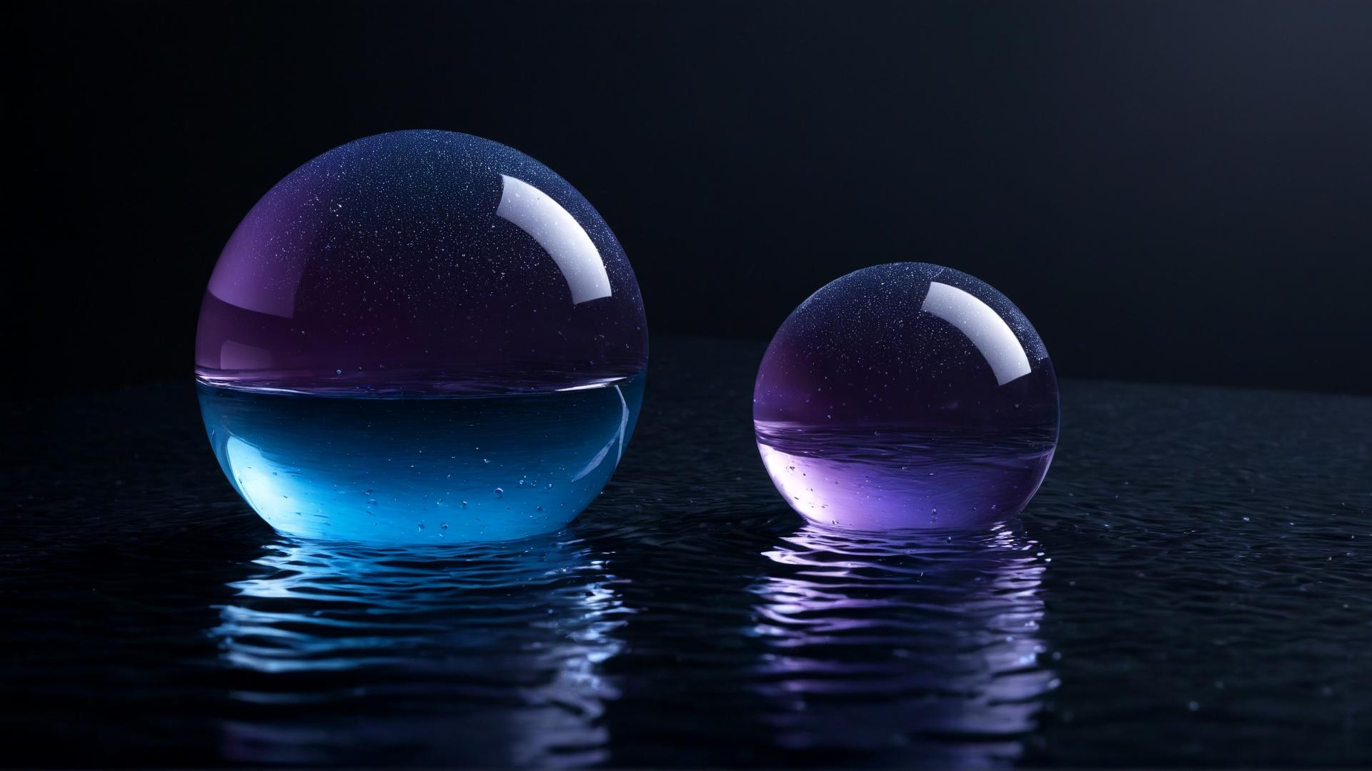 A floating orb of glowing liquid, slowly shifting and rippling. The orb glows with soft blue and purple light, casting faint reflections onto a dark, glossy surface below. Tiny droplets of liquid float around the orb., Photorealistic, Hyperrealistic, Hyperdetailed, analog style, soft lighting, subsurface scattering, realistic, heavy shadow, masterpiece, best quality, ultra realistic, 8k, golden ratio, Intricate, High Detail, film photography, soft focus