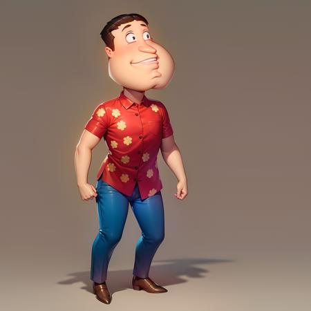 ((masterpiece, best quality)),(complex light), quagmire, solo, shirt, 1boy, male focus, standing, full body, short sleeves, collared shirt, red shirt, blue pants,<lora:TheGooder_Quagmire2-10:0.7>,brown shoes, simple background, black eyes,   big cleft chin,