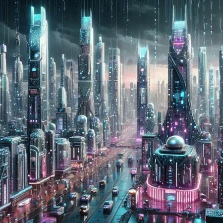 8k, score_9, score_8_up, score_7_up,
Cyberpunk Cityscape, Pearlescent Metropolis
BREAK
A breathtaking, panoramic view of a futuristic cyberpunk cityscape at night. Towering skyscrapers, constructed from an elegant, iridescent pearl-like material, dominate the skyline, their surfaces shimmering with a pearlescent sheen. The city is alive with a vibrant network of glowing neon lights in shades of electric blue, hot pink, and deep purple, reflecting off the wet, rain-slicked streets below. Holographic billboards flicker with advertisements, and sleek, pearl-coated drones hum through the air, weaving between the towering structures. The atmosphere is a stunning blend of dystopian grit and futuristic luxury.
BREAK
cyberpunk, cityscape, Pearlum, futuristic architecture, pearlescent skyscrapers, iridescent materials, glowing neon lights, holographic billboards, flying vehicles, drones, wet reflective surfaces, intricate details, cinematic composition, elegant, luxurious, dystopian
BREAK
masterpiece, best quality, ultra-detailed, photorealistic, cinematic lighting, 8k UHD, vibrant colors, sharp focus