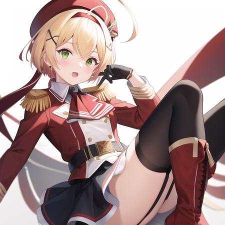 (masterpiece, best quality:1.2),illustration,8k,hd,absurdres,1girl,solo,cowboy shot,southampton (azur lane),ahoge,ascot,belt,black gloves,black skirt,blonde hair,brooch,cropped jacket,epaulettes,garter straps,green eyes,hair ornament,hairband,hat ribbon,jewelry,knee boots,long sleeves,looking at viewer,miniskirt,musical note hair ornament,red footwear,red headwear,red jacket,red ribbon,red shirt,sash,short hair,small breasts,tailcoat,thighhighs,white neckwear,wing collar,x hair ornament,<lora:South Ampton(azur):0.8>,