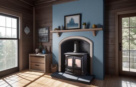 A 3D render of a serene photograph of a cast iron stove in a cabin , blue during spring at night, strobe, medium format, macro, neutral density, sharpening. , accurate lighting, high resolution textures, advanced shading, subsurface scattering, light scattering, global illumination, raytracing, camera simulation, high-poly model, nanite, post-processing, hdr, physically based rendering, PBR, octane render, 8K