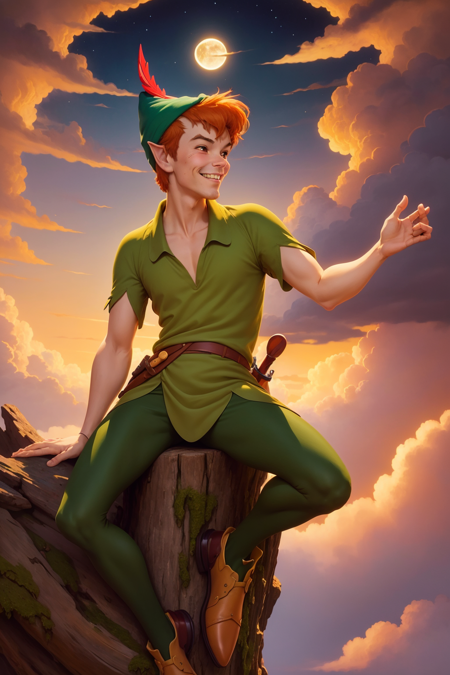 ((best quality)), ((masterpiece)), (detailed), 1boy, peter pan, full body, short hair, orange hair, green pants, green collared shirt, short sleeves, belt, brown footwear, hat feather, male focus, pointy ears, smile, solo, perched on a cloud, (fantasy illustration:1.3), enchanting gaze, captivating pose, otherworldly charm, mystical sky, (Luis Royo:1.2), (Yoshitaka Amano:1.1), moonlit night, soft colors, (detailed cloudscape:1.3), (high-resolution:1.2) <lora:PeterPan:1>