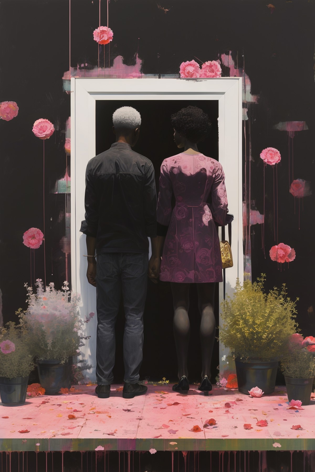 masterpiece,best quality,<lora:tbh268-:0.8>,illustration,style of Kerry James Marshall decaying peonies