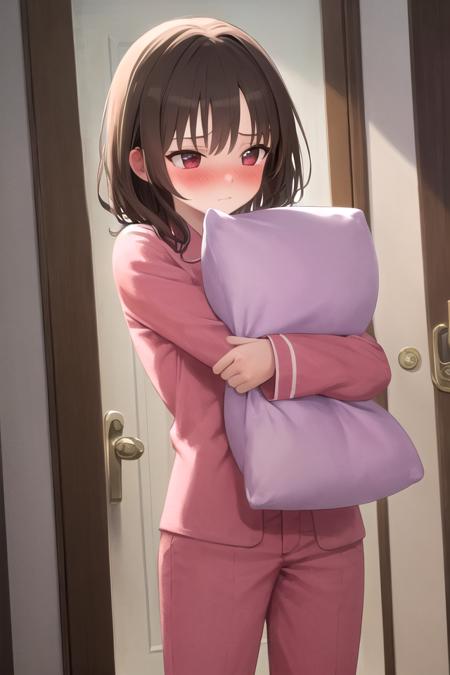 masterpiece, best quality, absurdres, ultra-detailed, indoors, door, bedroom, door,
BREAK, <lora:pillow_v2:1>, pillow hug, pillow, pajamas, 1girl, solo, embarrassed, full-face blush, standing,