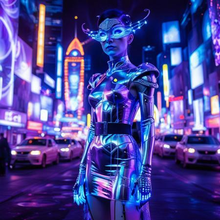 PsychadelicChaos, score_10 , score_9, score_8_up, score_8, Masterpiece, High Details, HD, 8K, Photorealistic, perfect, High Quality, (android:1.5), female, metallic, futuristic clothing, neon clothing, cyberpunk background, city, buildings, technology, female, fair skin, short purple hair, white flower accessory, large blue eyes, delicate face, futuristic outfit, white and purple dress, high slit dress, black thigh-high stockings, intricate patterns, long white gloves, white boots, purple accents, white belt, purple gem, glowing blue wings, celestial appearance, mid-flight, dynamic pose, futuristic city background, psychedelic style, vibrant colors, surreal lighting, kaleidoscope patterns, trippy effects, glowing highlights, dreamlike atmosphere, fantasy aesthetic, sfw
