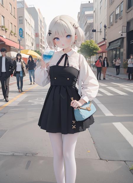 1girl,white pantyhose,street, <lora:white tights2:0.6>,drinking glass,dress