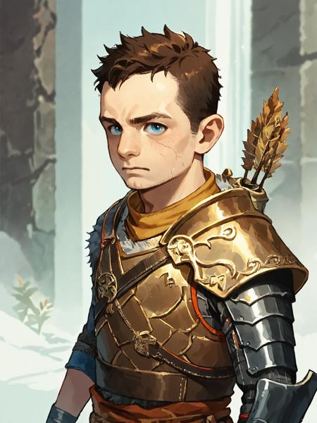 Atreus, brown hair blue eyes male focus, weapon, arrow (projectile), bow (weapon), armor, quiver, looking at viewer